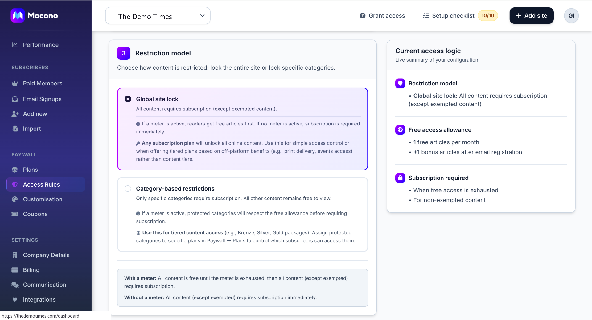 Mocono access rules configuration with live summary