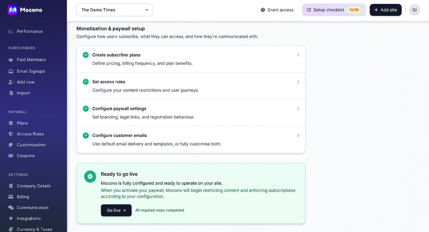 Mocono guided setup checklist, fully complete