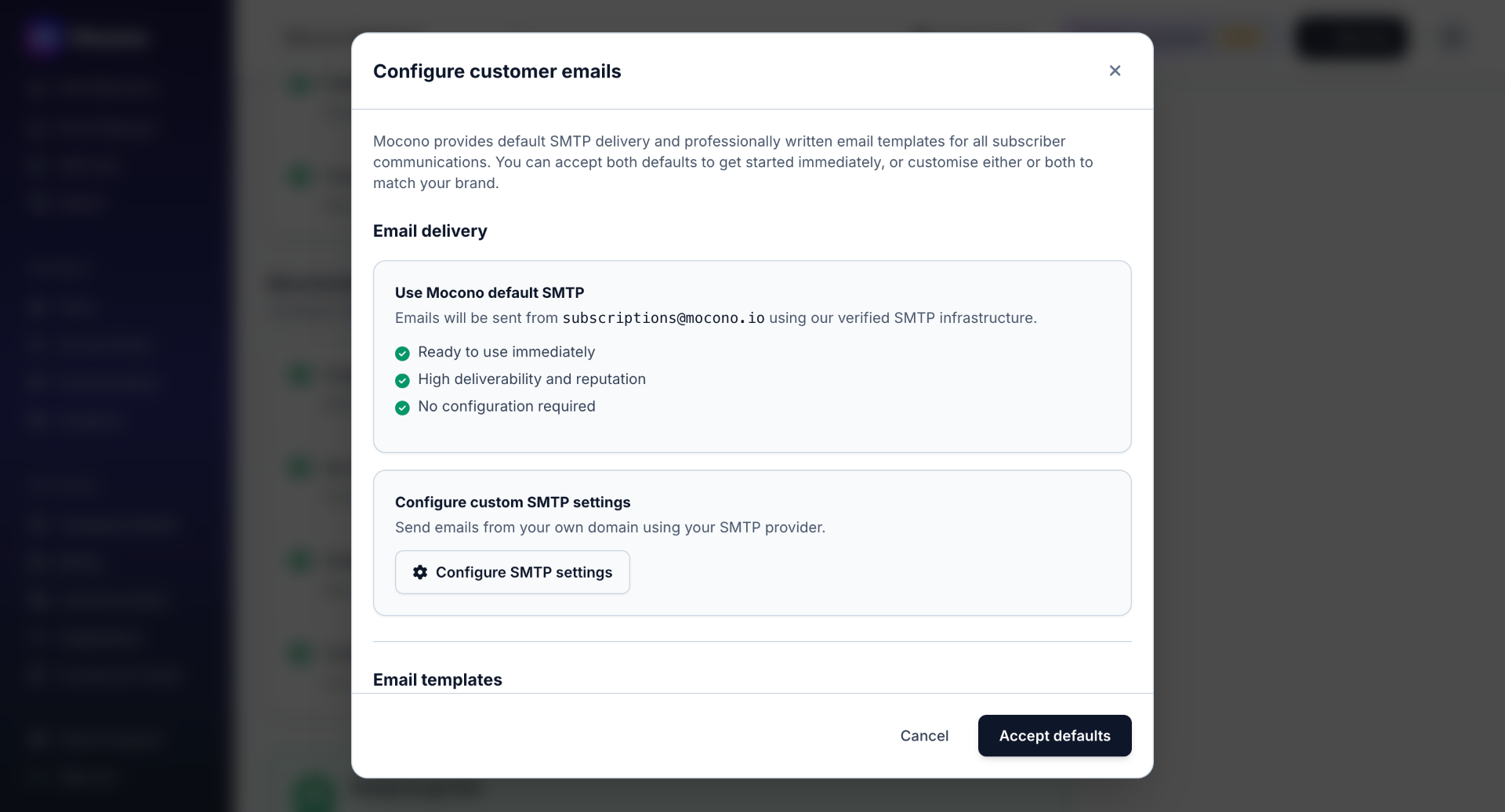 Mocono email delivery configuration with default SMTP and custom templates